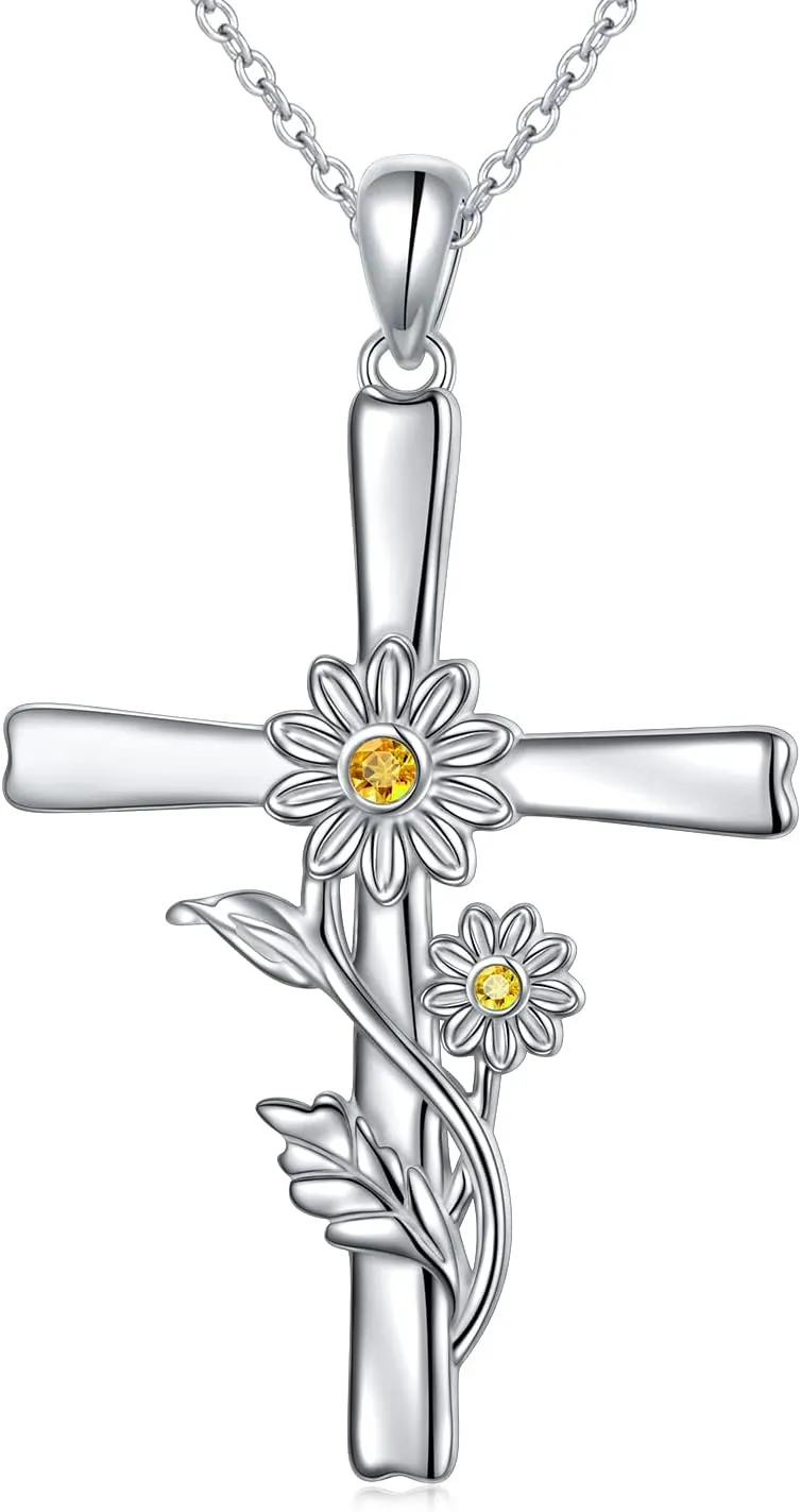 Daisy Cross Necklace for Women 925 Sterling Silver Flower Pendant Necklaces Christian Jewelry Gift for Women