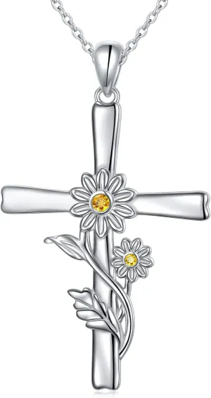 Daisy Cross Necklace for Women 925 Sterling Silver Flower Pendant Necklaces Christian Jewelry Gift for Women