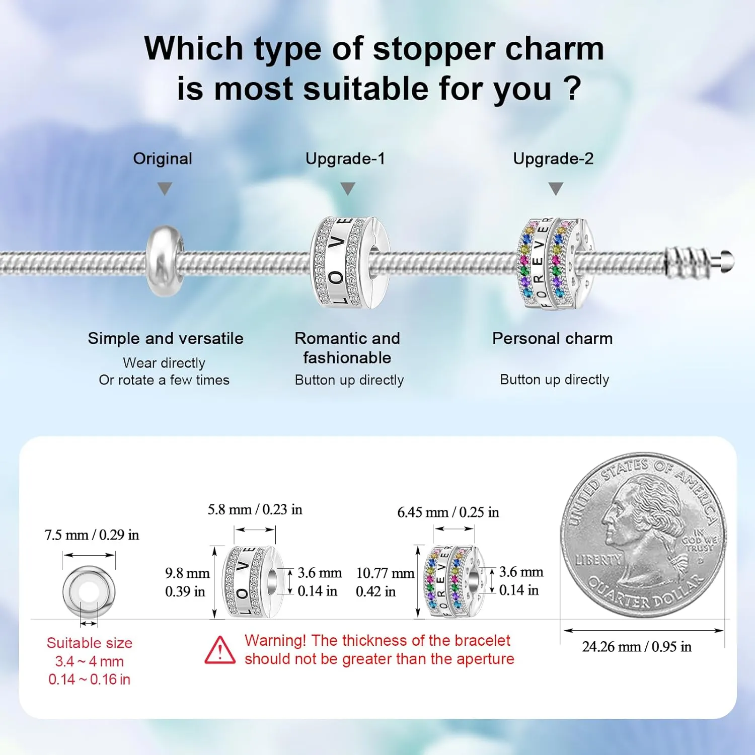 DALARAN Stopper Beads for Bracelets 925 Sterling Silver Clip Spacer Charm Bracelet Stoppers
