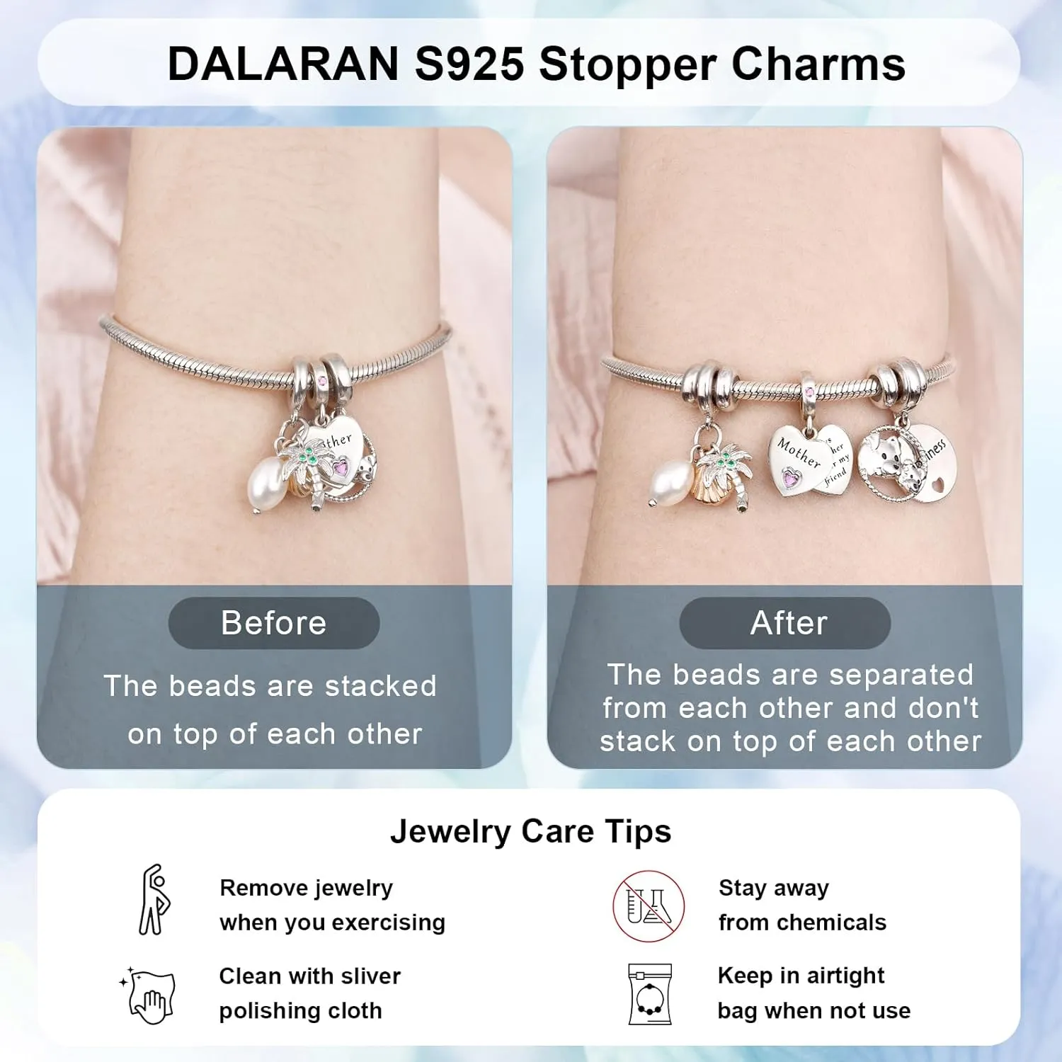 DALARAN Stopper Beads for Bracelets 925 Sterling Silver Clip Spacer Charm Bracelet Stoppers