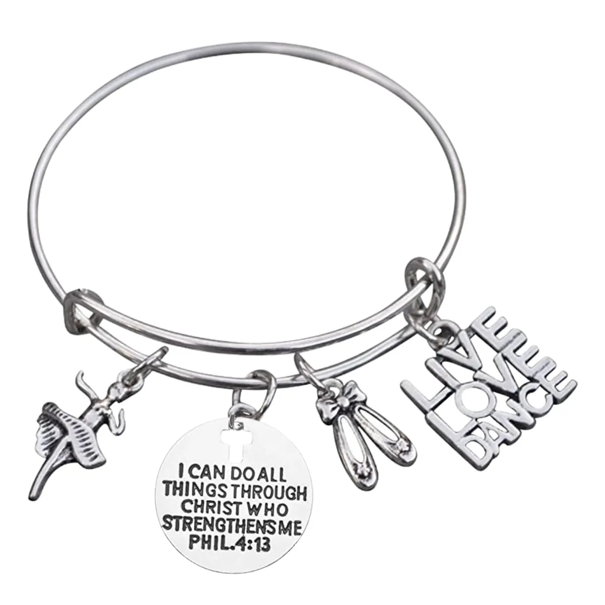 Dance Charm Bracelet, Christian Bangle Bracelet, Faith I Can Do All Things Through Christ Who Strengthens Me Phil. 4:13 Scripture Jewelry, Dance Gifts For Women and Girls
