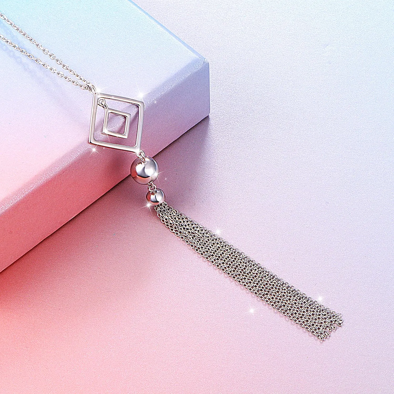 DAOCHONG 925 Sterling Silver Long Chain Sweater Large Necklace for Women Statement Pendant Fringe Necklaces Jewelry