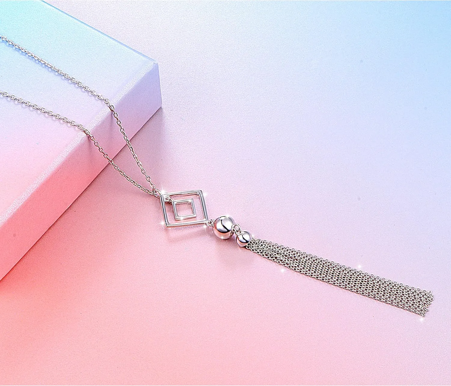 DAOCHONG 925 Sterling Silver Long Chain Sweater Large Necklace for Women Statement Pendant Fringe Necklaces Jewelry