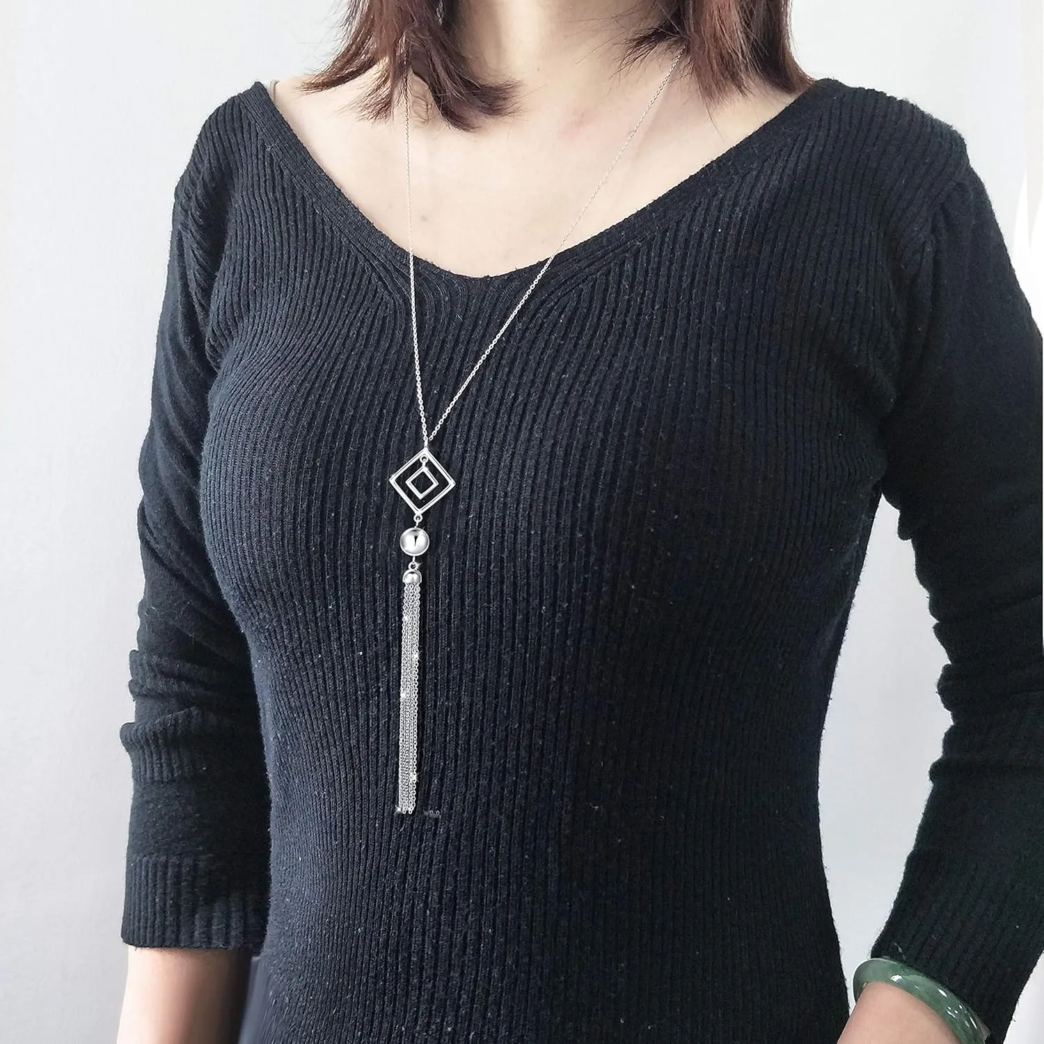 DAOCHONG 925 Sterling Silver Long Chain Sweater Large Necklace for Women Statement Pendant Fringe Necklaces Jewelry