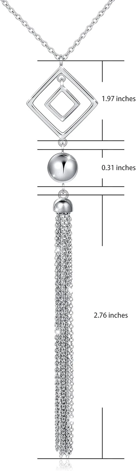 DAOCHONG 925 Sterling Silver Long Chain Sweater Large Necklace for Women Statement Pendant Fringe Necklaces Jewelry