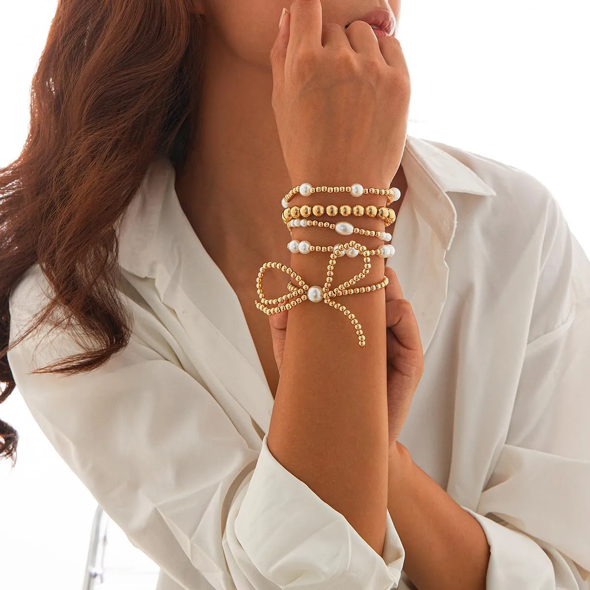 DATOA Gold Beaded Bracelets for Women Pearl Beads Stackable Bracelets Bowknot Stretch Bead Ball Bracelet Set for Women 3MM 4MM 6MM 8MM Beads Jewelry