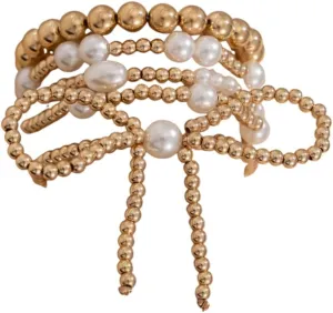 DATOA Gold Beaded Bracelets for Women Pearl Beads Stackable Bracelets Bowknot Stretch Bead Ball Bracelet Set for Women 3MM 4MM 6MM 8MM Beads Jewelry
