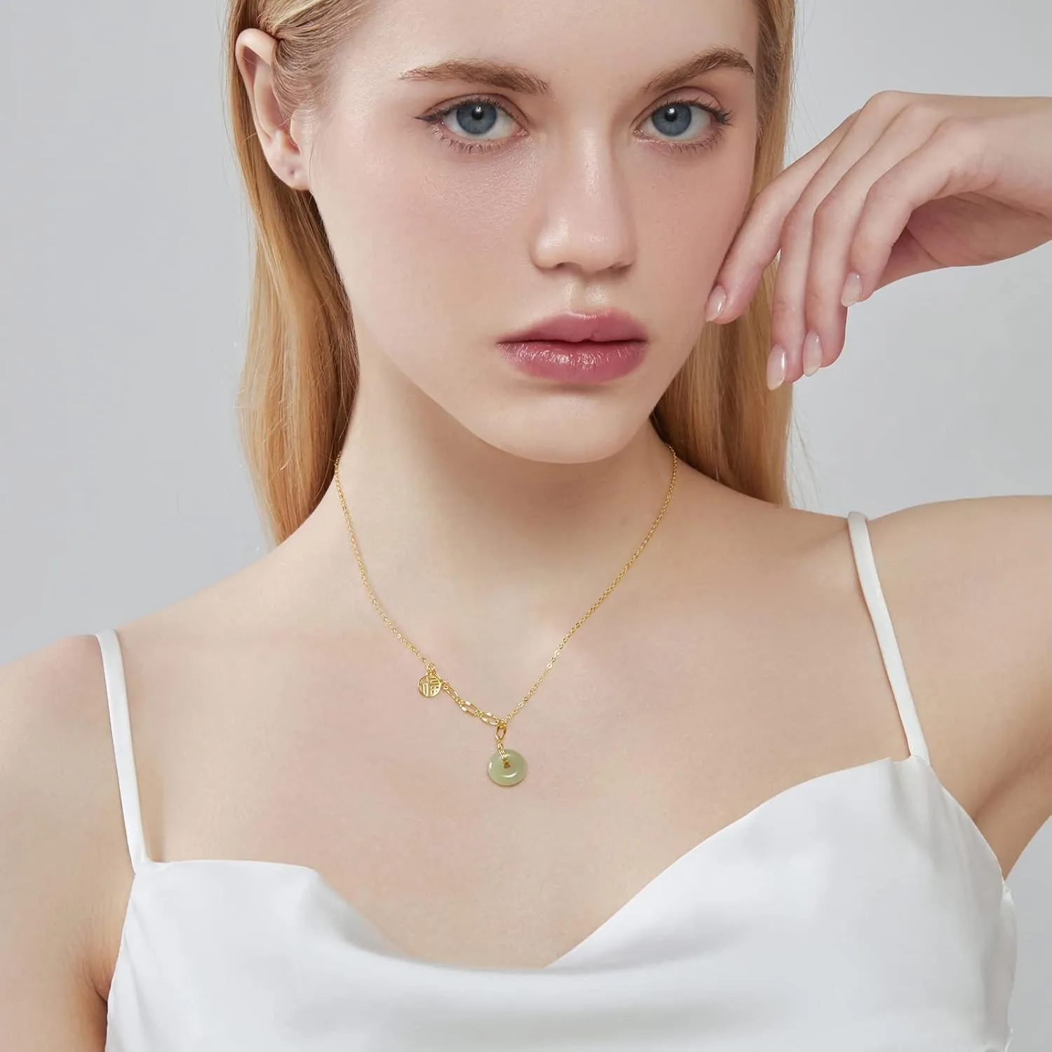 DAUMIER Jade Necklace 925 Sterling Silver 14K Gold Plated Jade Pendant Necklaces for Women Natural Green Hetian Jade Necklace Jewelry Gift for Women Girls