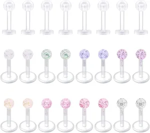 D.Bella Clear Cartilage Earring-20pcs 16G Clear Acrylic Bioflex Tragus Retainer Lip Rings Nose Studs Labret Ear Helix Earring Clear 10mm