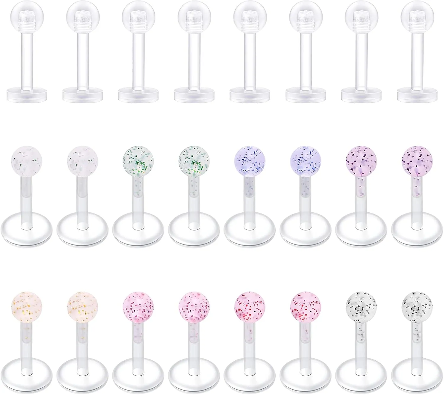 D.Bella Clear Cartilage Earring-20pcs 16G Clear Acrylic Bioflex Tragus Retainer Lip Rings Nose Studs Labret Ear Helix Earring Clear 10mm