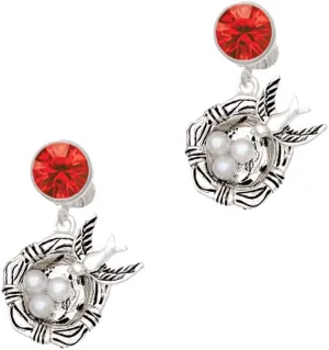 Delight Jewelry Silvertone Birds Nest with Imitation Pearl Eggs - Large Crystal Clip on Earrings