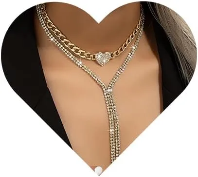 Denifery Layered Rhinestone Necklaces Gold Cuban Chain Choker With Heart Gold Crystal Necklace Chains Sparkly Party Necklace Jewelry for Women