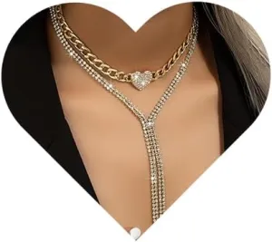 Denifery Layered Rhinestone Necklaces Gold Cuban Chain Choker With Heart Gold Crystal Necklace Chains Sparkly Party Necklace Jewelry for Women