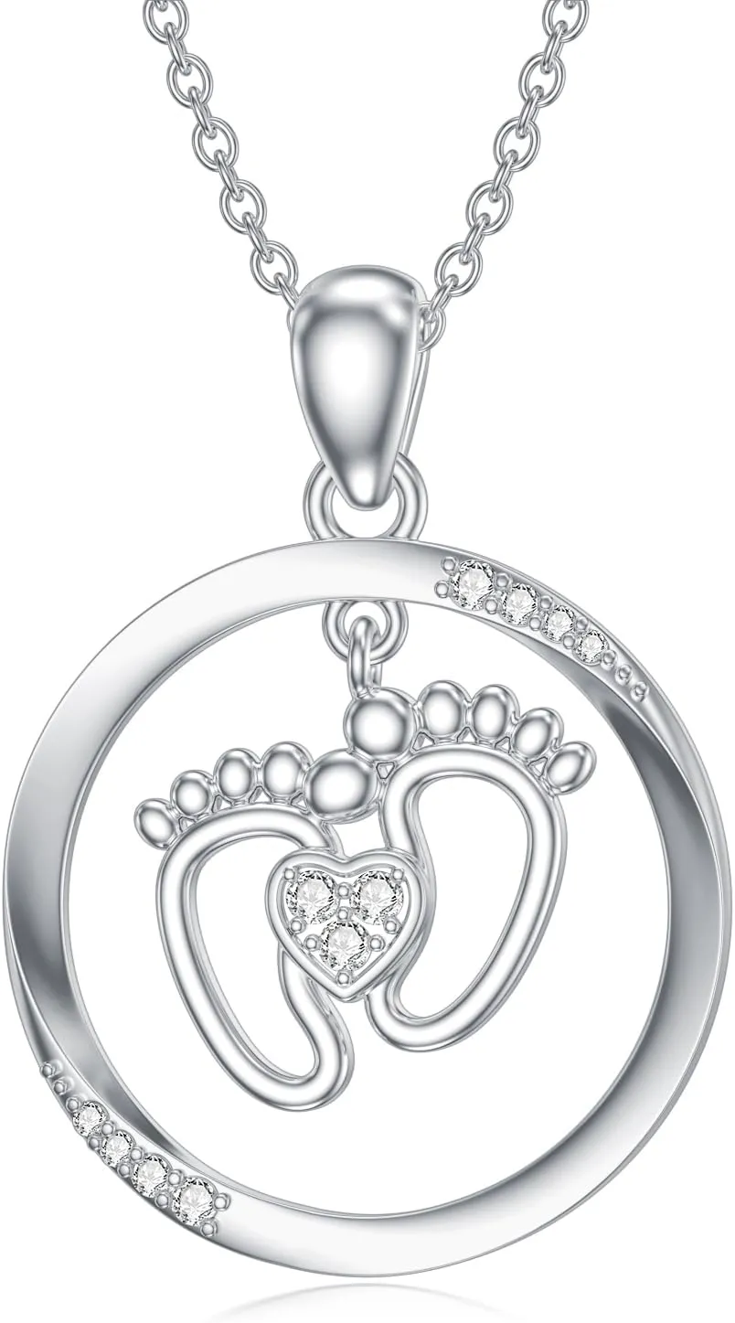 Diamond Baby Feet Necklaces for Women 925 Sterling Silver Mother Heart Pendant Baby Footprint Necklace for Mom-to-Be Gifts Diamond Jewelry