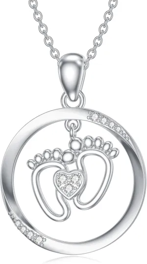 Diamond Baby Feet Necklaces for Women 925 Sterling Silver Mother Heart Pendant Baby Footprint Necklace for Mom-to-Be Gifts Diamond Jewelry
