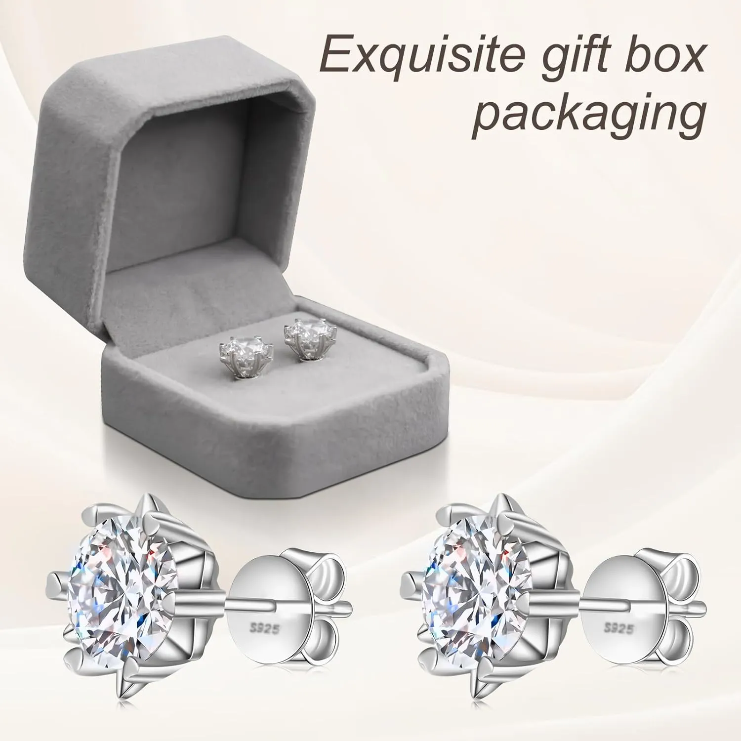 Diamond Highlight Designstud Earrings for Women 925 Sterling Silver Flat Back Lab Created Round Cut Clear Cubic Zirconia Stud Earring Simulated Diamond Stud Earrings