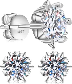 Diamond Highlight Designstud Earrings for Women 925 Sterling Silver Flat Back Lab Created Round Cut Clear Cubic Zirconia Stud Earring Simulated Diamond Stud Earrings