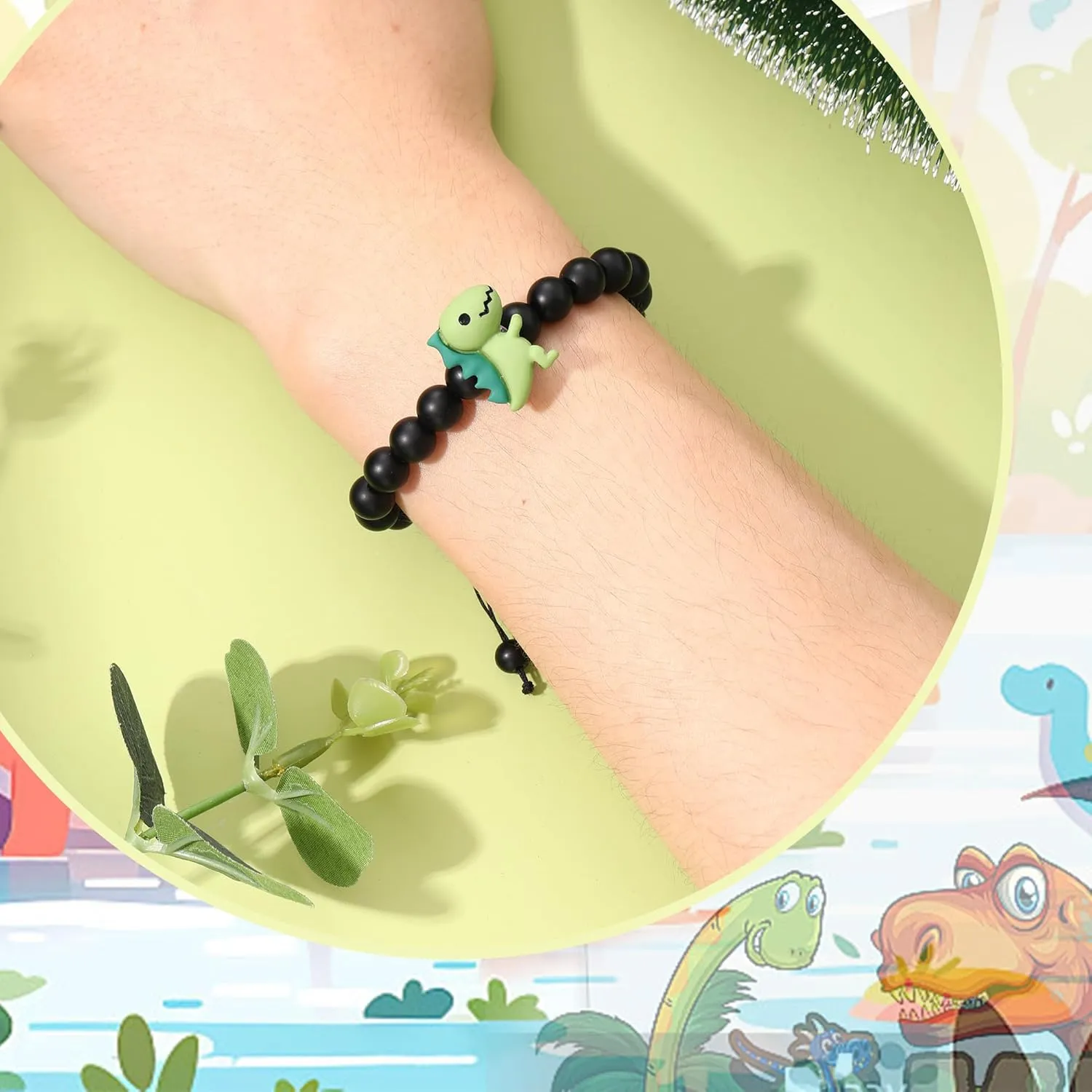 Dinosaur Bracelets for Teen Boy Mothers Day Gifts for Son/Nephew/Grandson Adjustable Black Beaded Dinosaur Bracelets Birthday Gifts for Him/Bonus Son/Brother