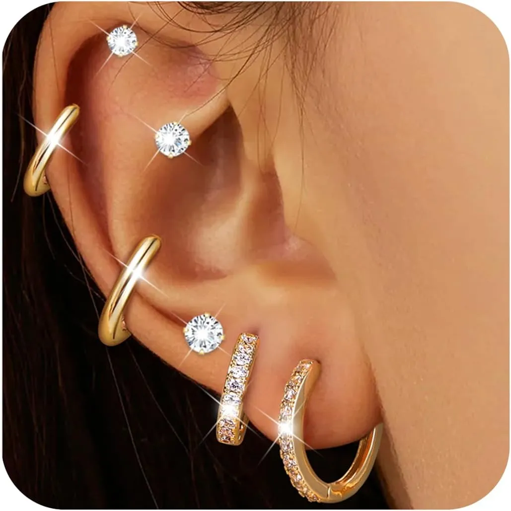 Dochais Hoop Stud Earrings for Women 7 Pairs 316L Surgical Steel Hypoallergenic Earrings Set for Multiple Piercing Non Tarnish 14k Gold Plated Cartilage Earring