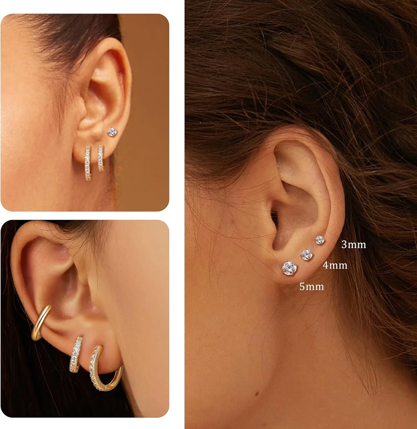 Dochais Hoop Stud Earrings for Women 7 Pairs 316L Surgical Steel Hypoallergenic Earrings Set for Multiple Piercing Non Tarnish 14k Gold Plated Cartilage Earring