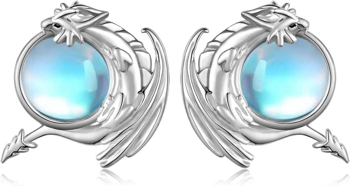 Dragon Stud Earrings 925 Sterling Silver Dragon Earrings for Women Moonstone Dragon Gifts for Girls