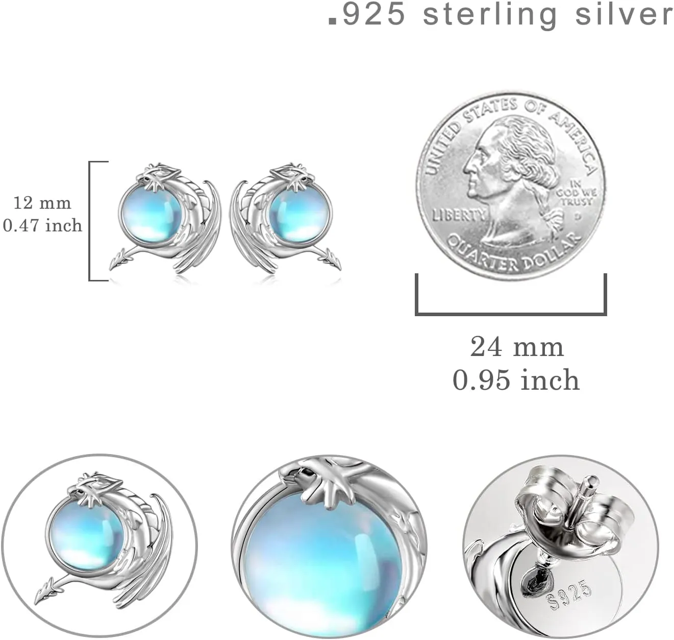 Dragon Stud Earrings 925 Sterling Silver Dragon Earrings for Women Moonstone Dragon Gifts for Girls