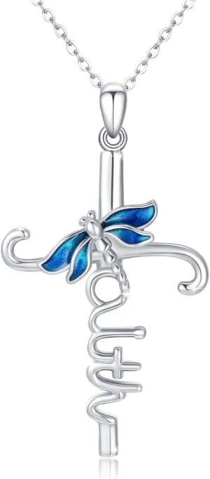 Dragonfly Necklace Sterling Silver Faith Cross Necklaces Dragonfly Cross Pendant Religious Jewelry Graduation Birthday Gifts for Women