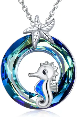 Dreamboat Seahorse Necklace Ocean Necklace 925 Sterling Silver Crystal Starfish Pendant Necklaces Ocean Cute Animals Jewelry Gifts for Women