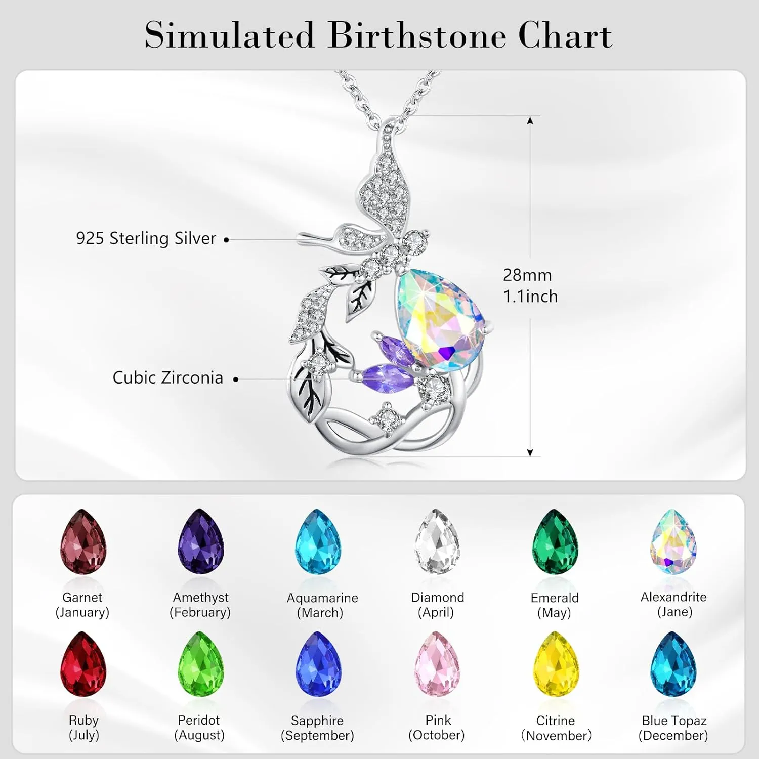 Dreamboat Sterling Silver Red Butterfly Necklaces for Women Crystal Necklace Vine Necklace Birthstone Necklace Gemstone Jewelry Birthday Gift for Mom