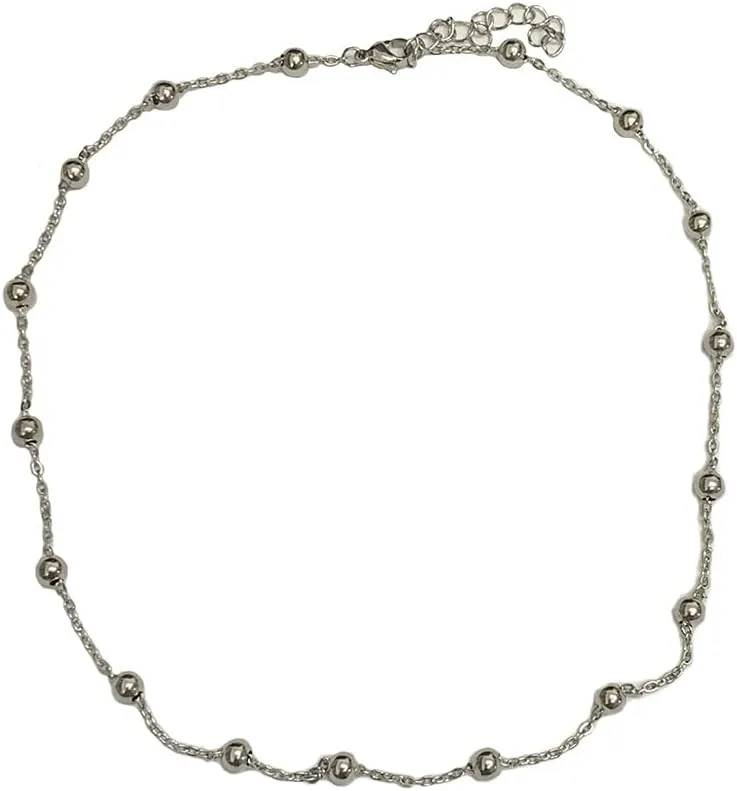 Dtja 5mm Ball Bead Necklace Stainless Steel Choker Pendant Necklaces for Women Vintage Beaded Link Chain Adjustable Fashion Punk Simple Jewelry 17-19 Inches