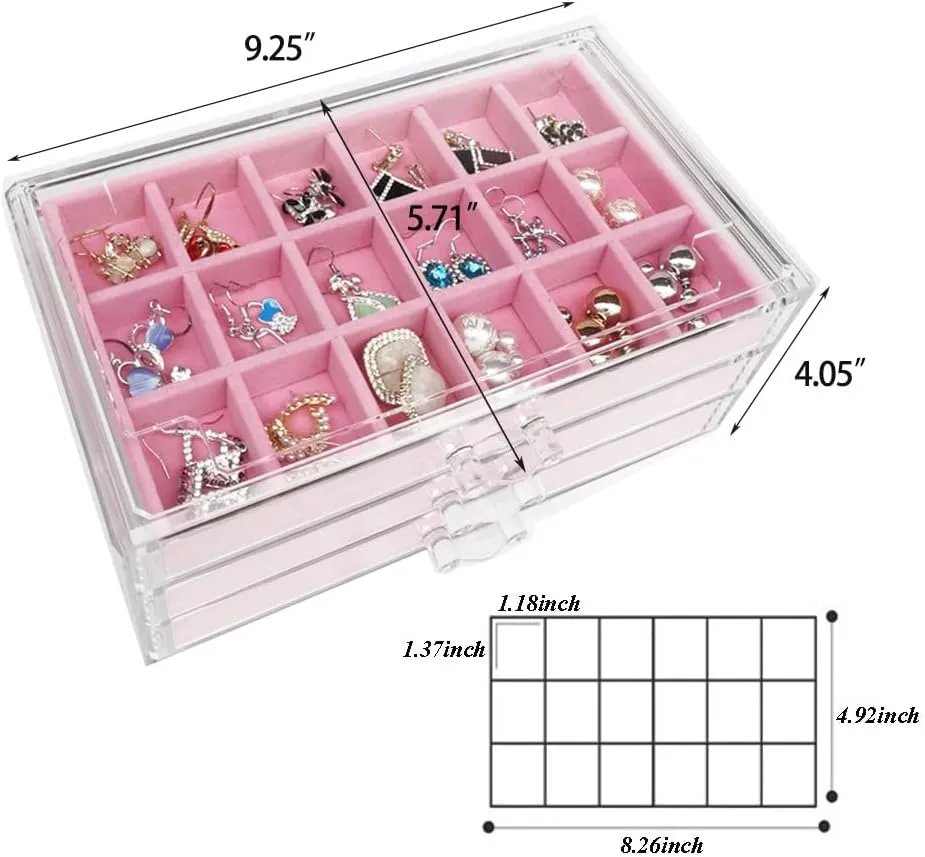 Earring Organizer Box Acrylic Jewelry Organizer with 3 Drawers 54 Adjustable Grids Clear Stackable Earring Holder Velvet Trays Ring Display Case for Women Girls (Pink)