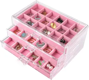 Earring Organizer Box Acrylic Jewelry Organizer with 3 Drawers 54 Adjustable Grids Clear Stackable Earring Holder Velvet Trays Ring Display Case for Women Girls (Pink)