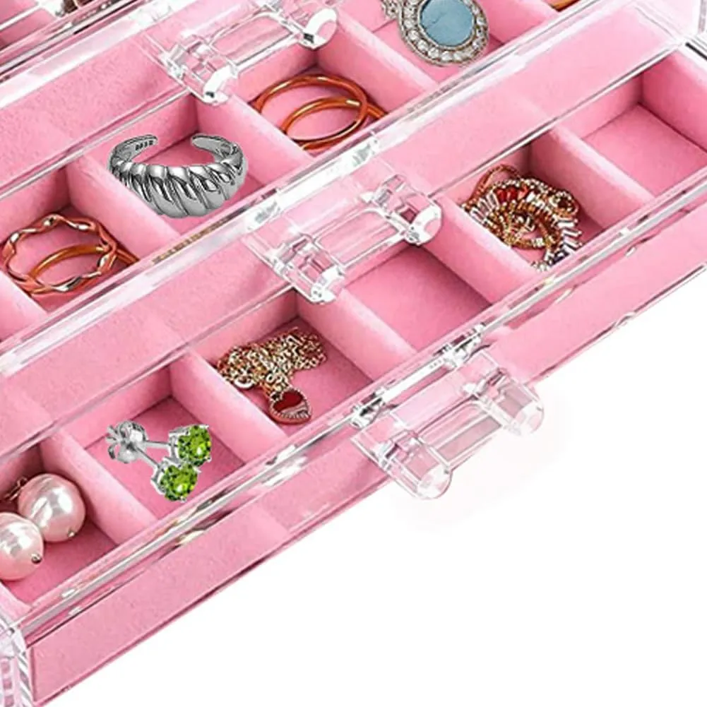 Earring Organizer Box Acrylic Jewelry Organizer with 3 Drawers 54 Adjustable Grids Clear Stackable Earring Holder Velvet Trays Ring Display Case for Women Girls (Pink)