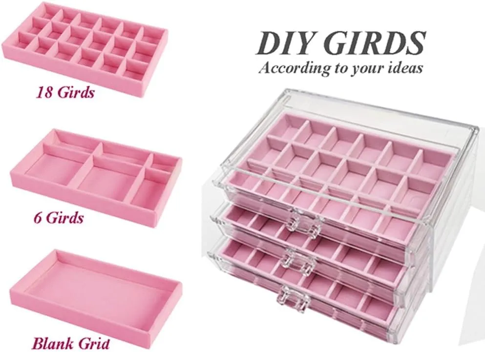 Earring Organizer Box Acrylic Jewelry Organizer with 3 Drawers 54 Adjustable Grids Clear Stackable Earring Holder Velvet Trays Ring Display Case for Women Girls (Pink)