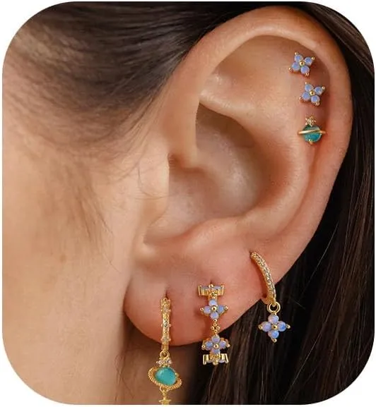 Earrings for Women Trendy,Dainty Gold Earring Stacks 14K Gold Plated Huggie Stud Earrings for Women Small Cartilage Hoop Earring Set Hypoallergenic Summer Huggie Jewelry
