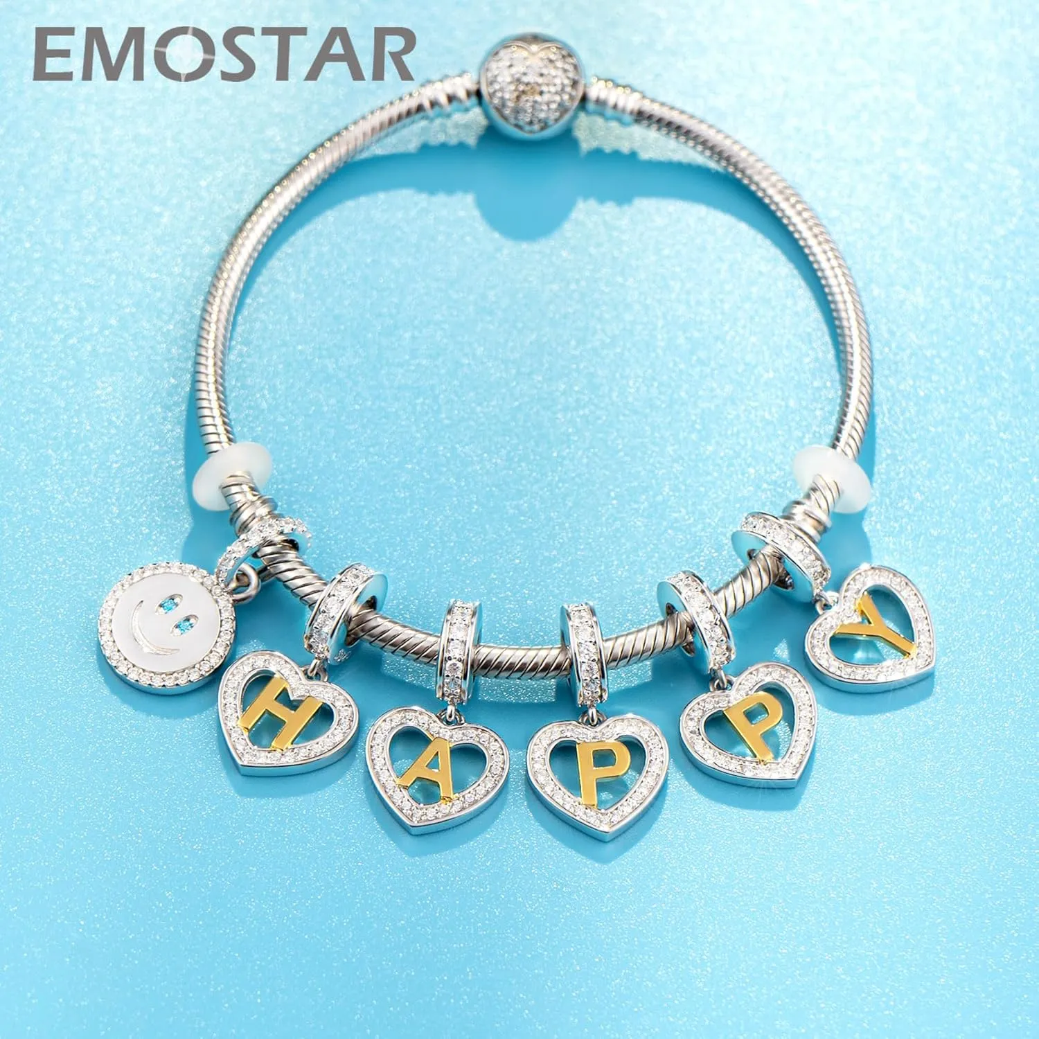 EMOSTAR Letter Charm Initial A-Z Beads fit European DIY Bracelet, 18K Gold Plated Letras Charms, 925 Sterling Silver Heart Alphabet Necklace Pendant with CZ, Gifts for Family/Valentines/Christmas