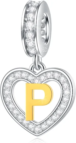 EMOSTAR Letter Charm Initial A-Z Beads fit European DIY Bracelet, 18K Gold Plated Letras Charms, 925 Sterling Silver Heart Alphabet Necklace Pendant with CZ, Gifts for Family/Valentines/Christmas