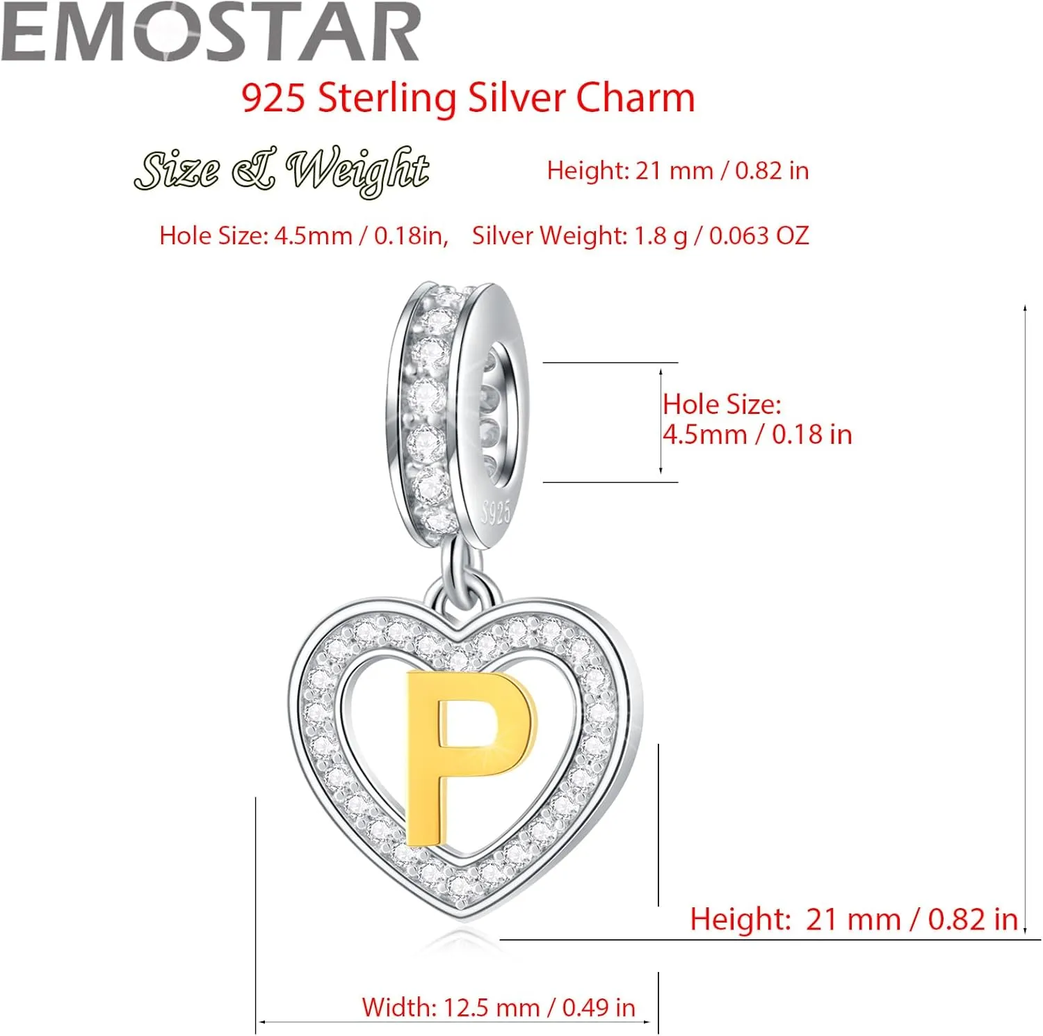 EMOSTAR Letter Charm Initial A-Z Beads fit European DIY Bracelet, 18K Gold Plated Letras Charms, 925 Sterling Silver Heart Alphabet Necklace Pendant with CZ, Gifts for Family/Valentines/Christmas
