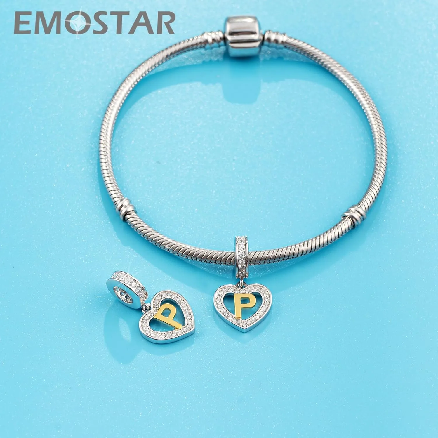 EMOSTAR Letter Charm Initial A-Z Beads fit European DIY Bracelet, 18K Gold Plated Letras Charms, 925 Sterling Silver Heart Alphabet Necklace Pendant with CZ, Gifts for Family/Valentines/Christmas