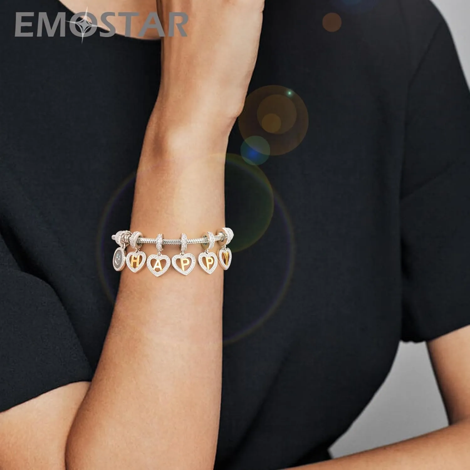 EMOSTAR Letter Charm Initial A-Z Beads fit European DIY Bracelet, 18K Gold Plated Letras Charms, 925 Sterling Silver Heart Alphabet Necklace Pendant with CZ, Gifts for Family/Valentines/Christmas