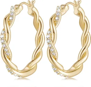 ENROSE Gold Hoop Earrings 14K Gold Earring for Women Twisted Large Hoop Earrings Minimalist Diamond Earring Gold Jewelry 29mm*4mm