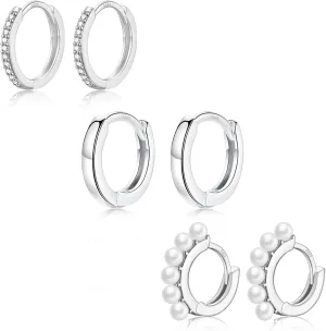 EPIRORA Sterling Silver Earrings for Women Girls, 3 Pairs 14K White Gold Plated Cubic Zirconia Huggie Hoops Pearl Hoops Set, 8mm Small Cartilage Earrings, Silver