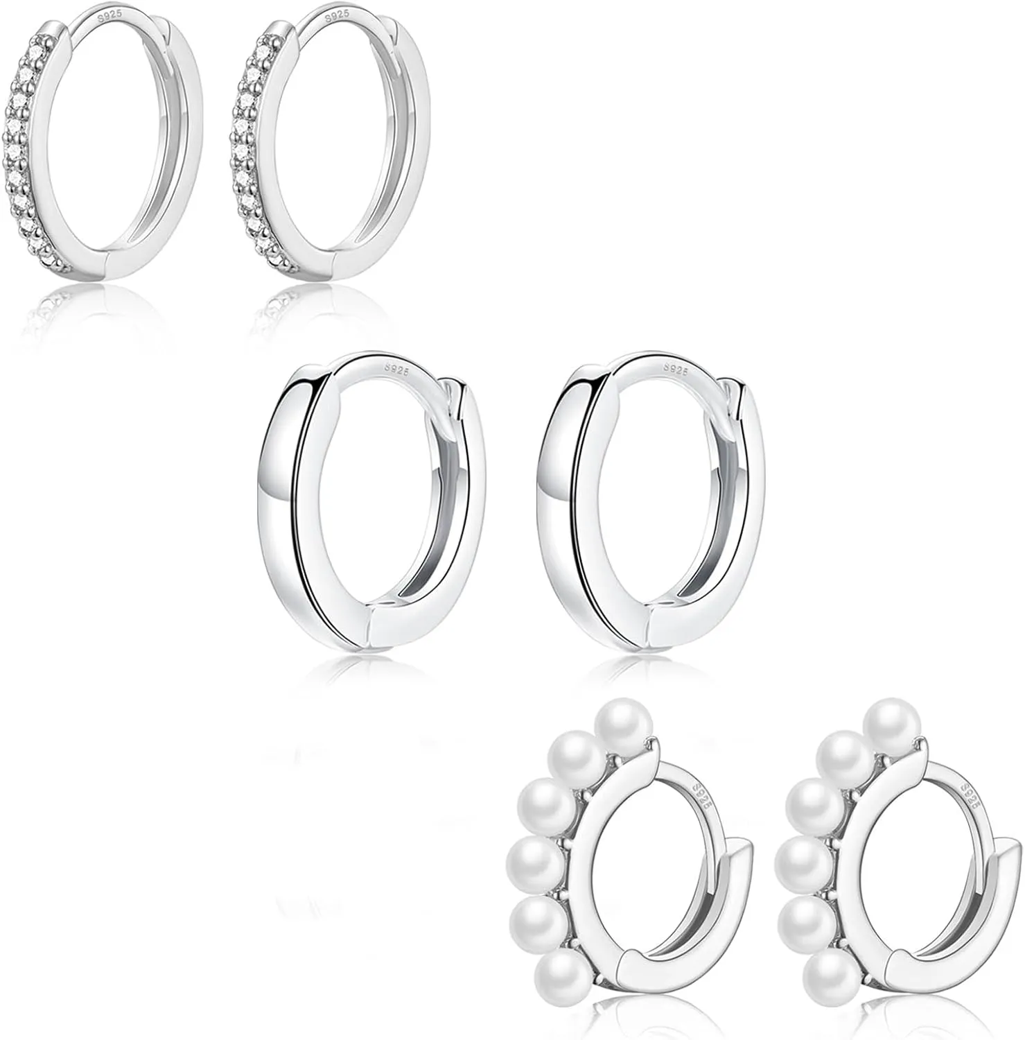 EPIRORA Sterling Silver Earrings for Women Girls, 3 Pairs 14K White Gold Plated Cubic Zirconia Huggie Hoops Pearl Hoops Set, 8mm Small Cartilage Earrings, Silver