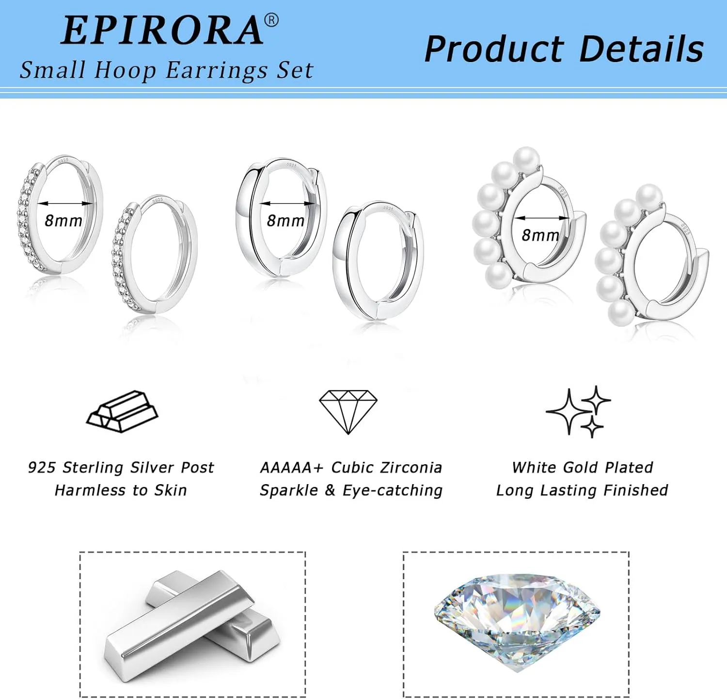 EPIRORA Sterling Silver Earrings for Women Girls, 3 Pairs 14K White Gold Plated Cubic Zirconia Huggie Hoops Pearl Hoops Set, 8mm Small Cartilage Earrings, Silver