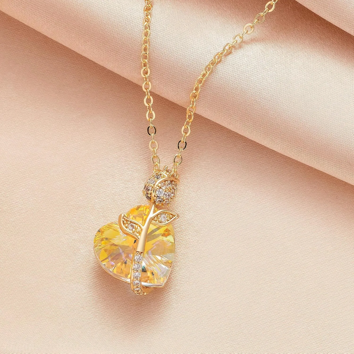 EVEVIC Austrian Crystal Heart Rose Flower Pendant Necklaces for Women Fashion 14K Gold Plated Dainty Necklace Hypoallergenic Jewelry