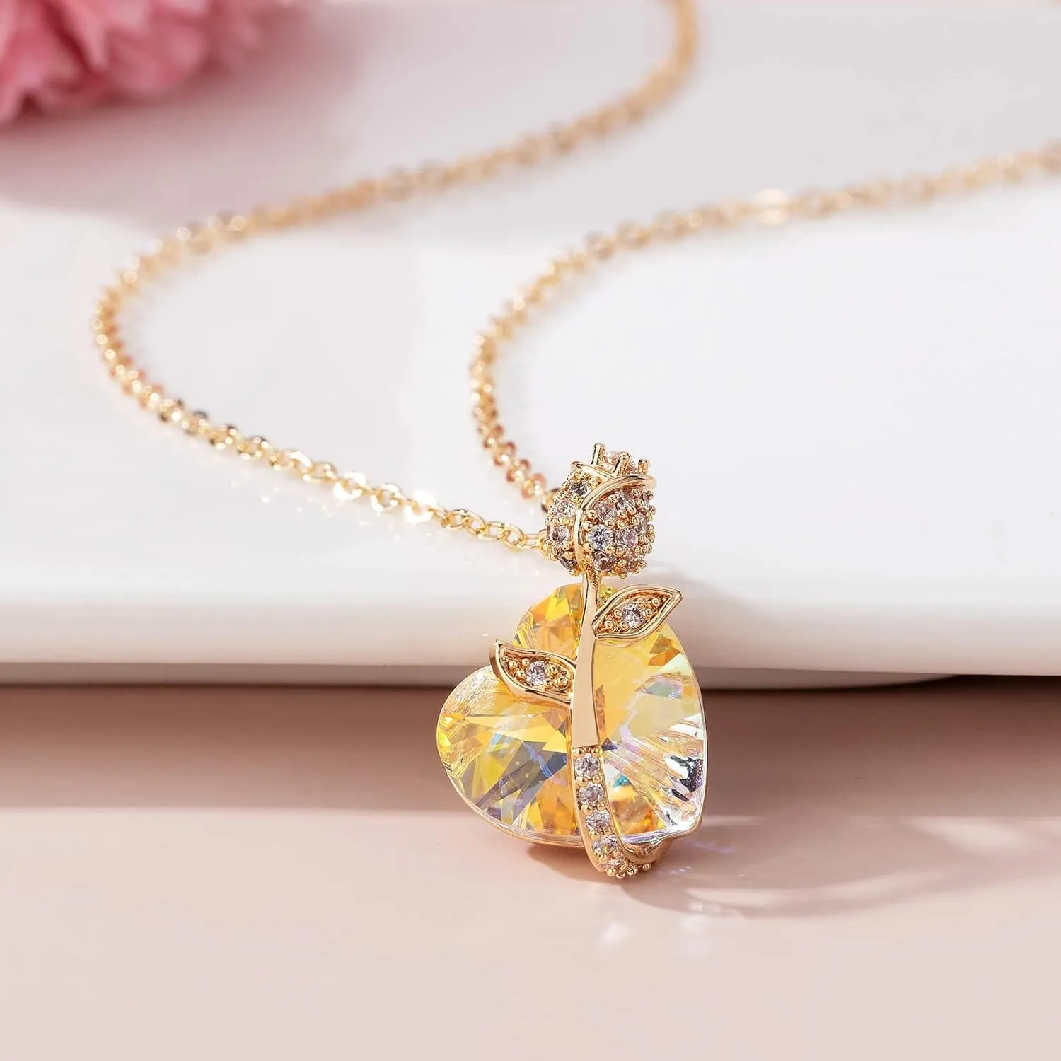 EVEVIC Austrian Crystal Heart Rose Flower Pendant Necklaces for Women Fashion 14K Gold Plated Dainty Necklace Hypoallergenic Jewelry