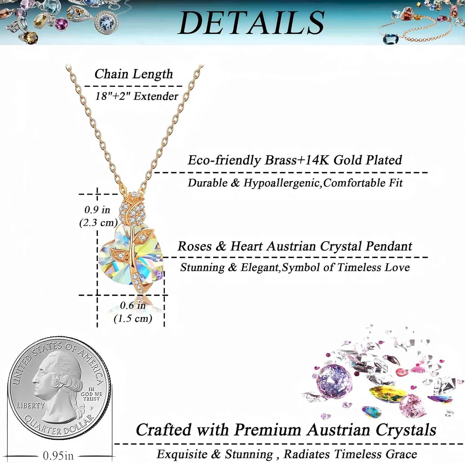 EVEVIC Austrian Crystal Heart Rose Flower Pendant Necklaces for Women Fashion 14K Gold Plated Dainty Necklace Hypoallergenic Jewelry