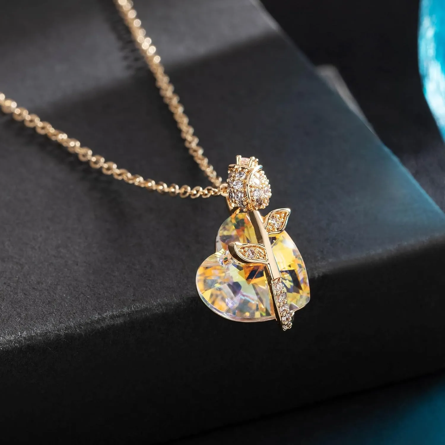 EVEVIC Austrian Crystal Heart Rose Flower Pendant Necklaces for Women Fashion 14K Gold Plated Dainty Necklace Hypoallergenic Jewelry