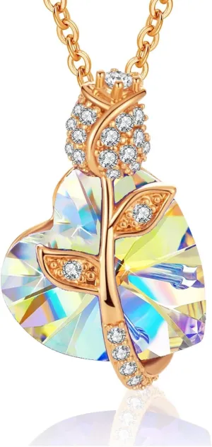 EVEVIC Austrian Crystal Heart Rose Flower Pendant Necklaces for Women Fashion 14K Gold Plated Dainty Necklace Hypoallergenic Jewelry