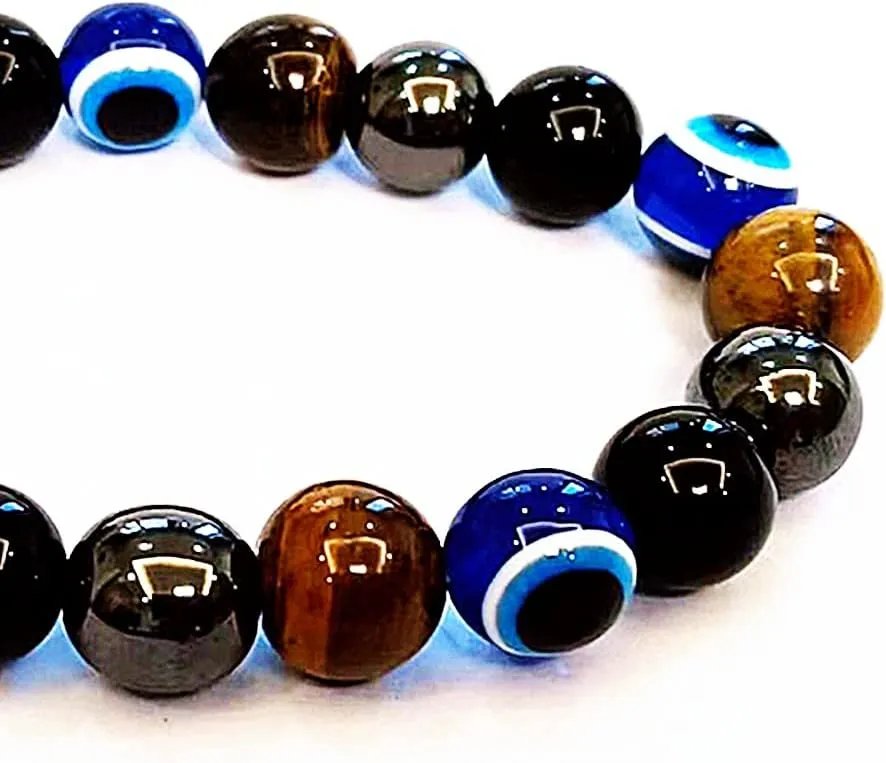 Evil Eye with Hematite Black Obsidian Tiger Eye Stone Triple Protection Bracelets for Men Women, Crystal Jewelry Stone Bracelets Bring Luck and Prosperity and Happiness